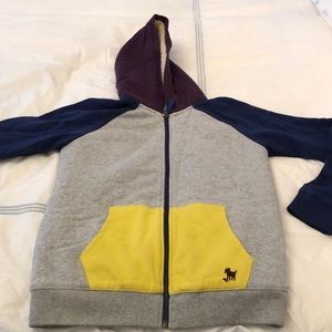 Mini Boden zip-front hoodie sweatshirt.